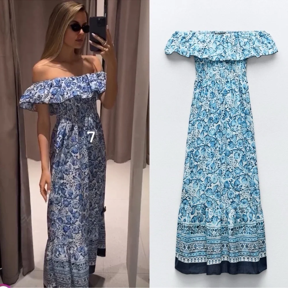 ZARA FLORAL PRINT OFF THE SHOULDER DRESS - Picture 2 of 12